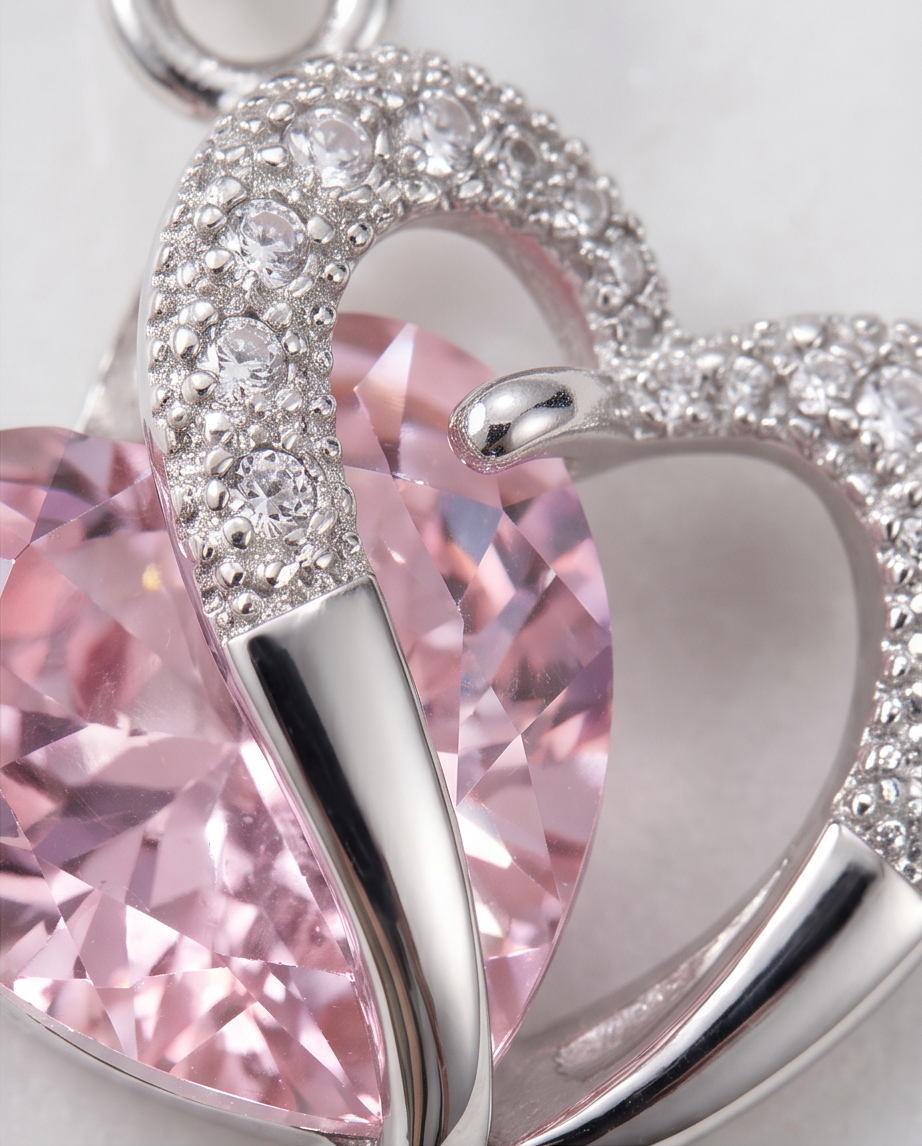 Heart Shaped Crystal Pendant with Silver Plated Necklace - Pink Panther × 1