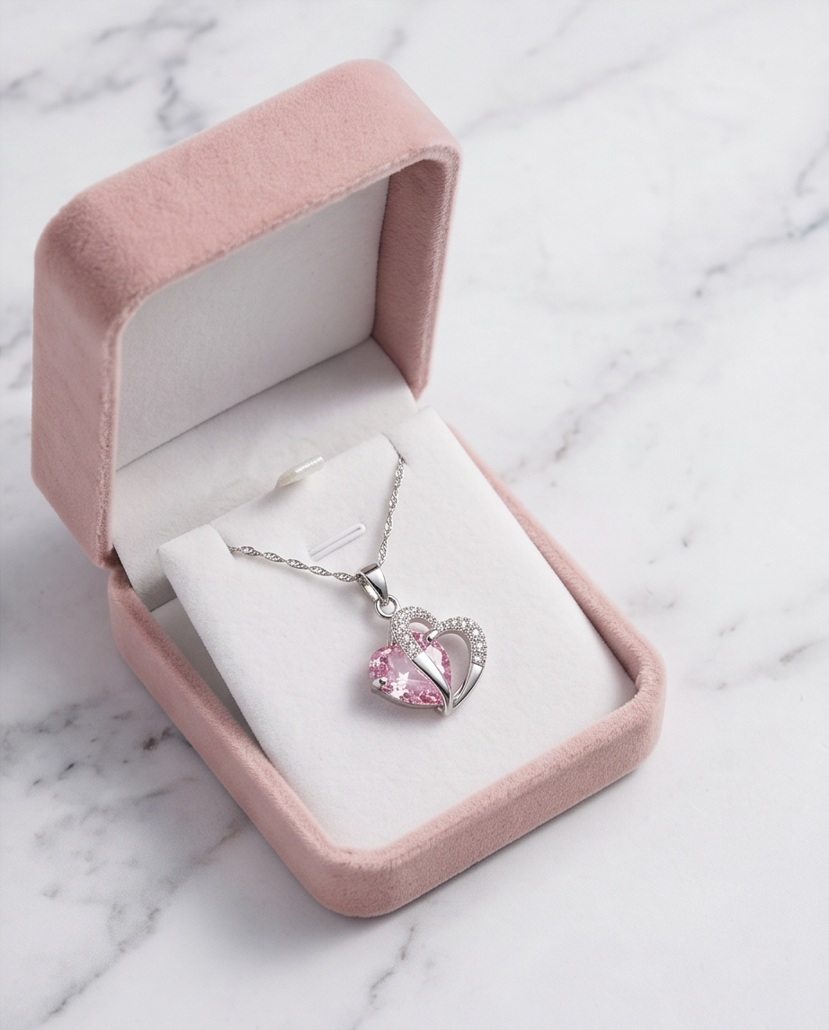 Heart Shaped Crystal Pendant with Silver Plated Necklace - Pink Panther × 1