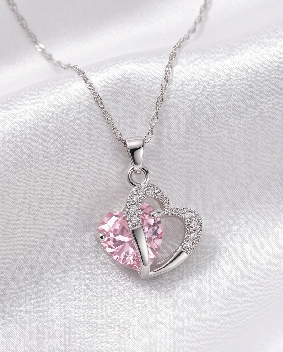 Heart Shaped Crystal Pendant with Silver Plated Necklace - Pink Panther × 1