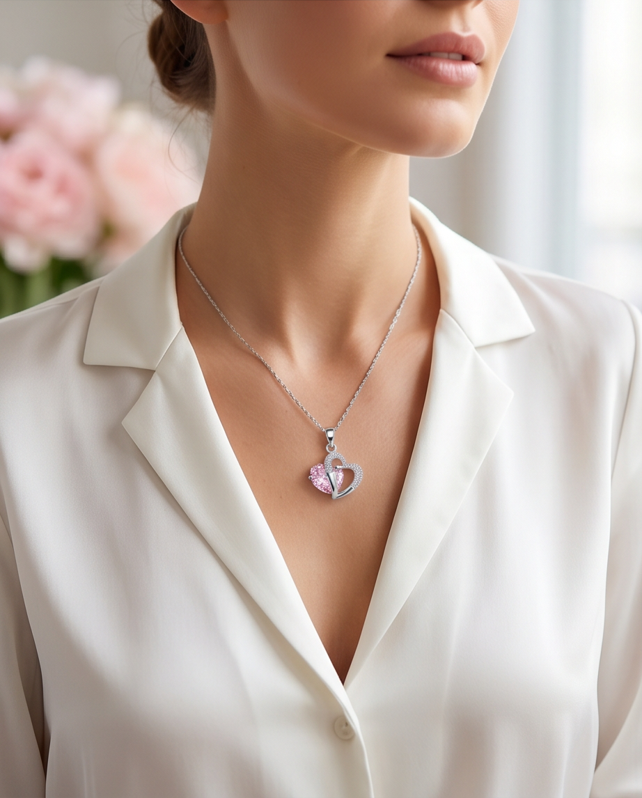 Heart Shaped Crystal Pendant with Silver Plated Necklace - Pink Panther × 1